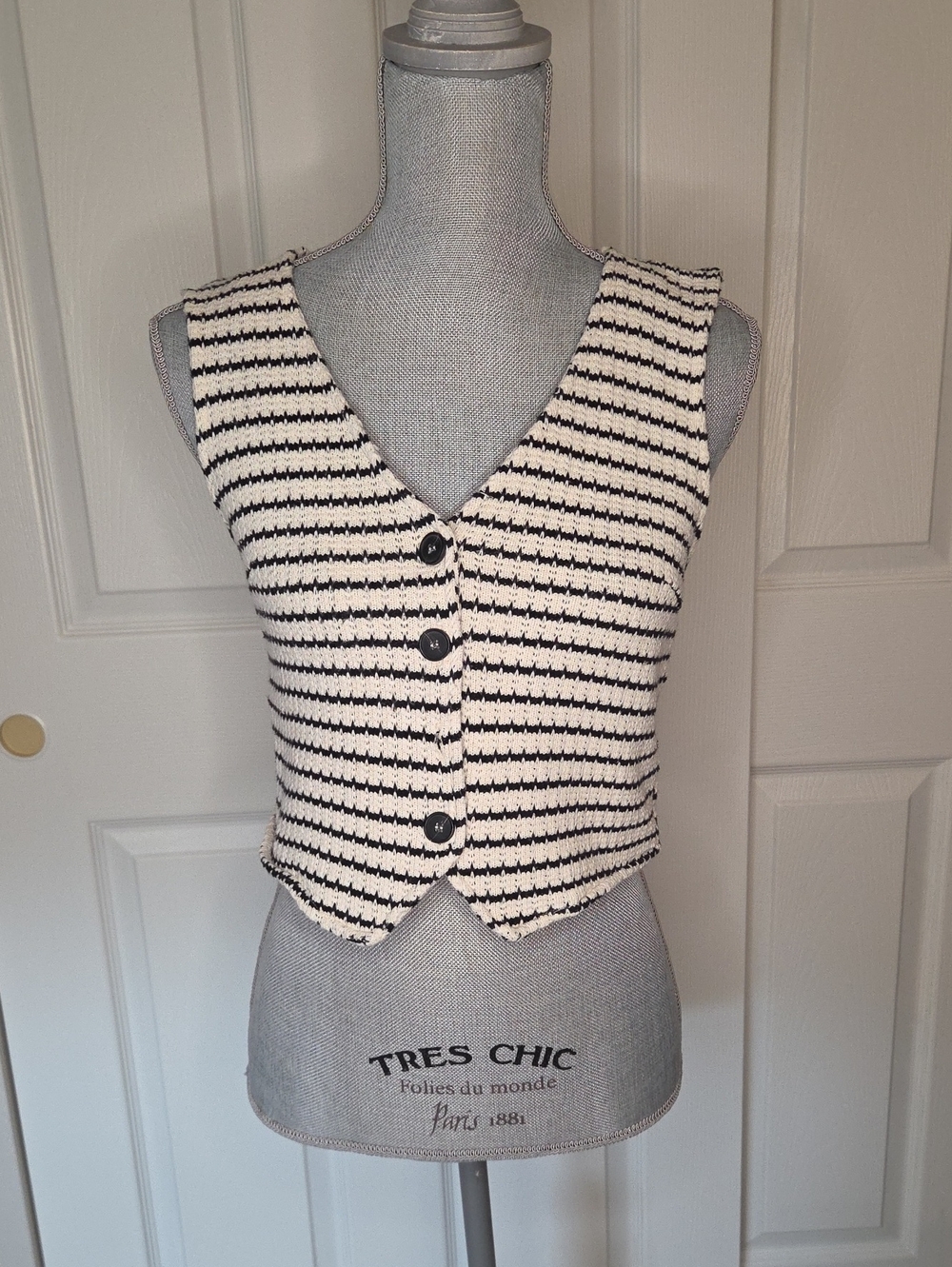 MNG Black & Cream Striped Knit Button Vest